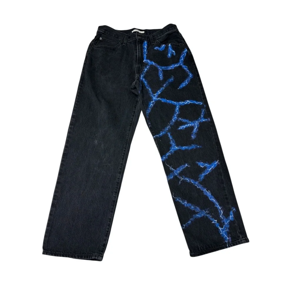 Levis 94 Baggy Denim Jeans Black Size 31‎ Painted Lightning Graphic Mens 31x29